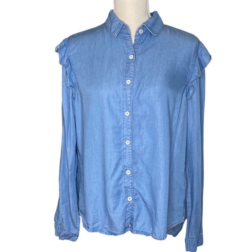 Denim by Ellison Tencel Long-sleeved Button Down with Ruffle on Shoulders M